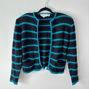 Christian Dior Vintage Black Blue Striped Cardigan Wool Angora Blend Designer